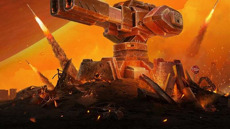 A really big industrial turret with an orange background emulating the dusk time of day